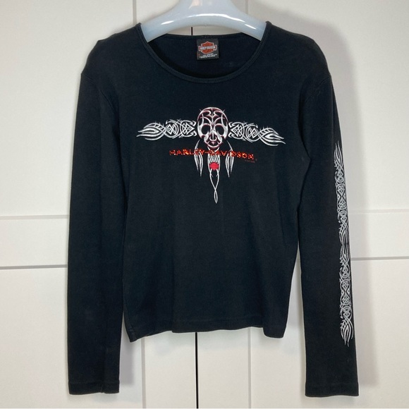 Harley-Davidson Tops - Harley Davidson Black Long Sleeve Tee Red Crystals Silver Skull Design